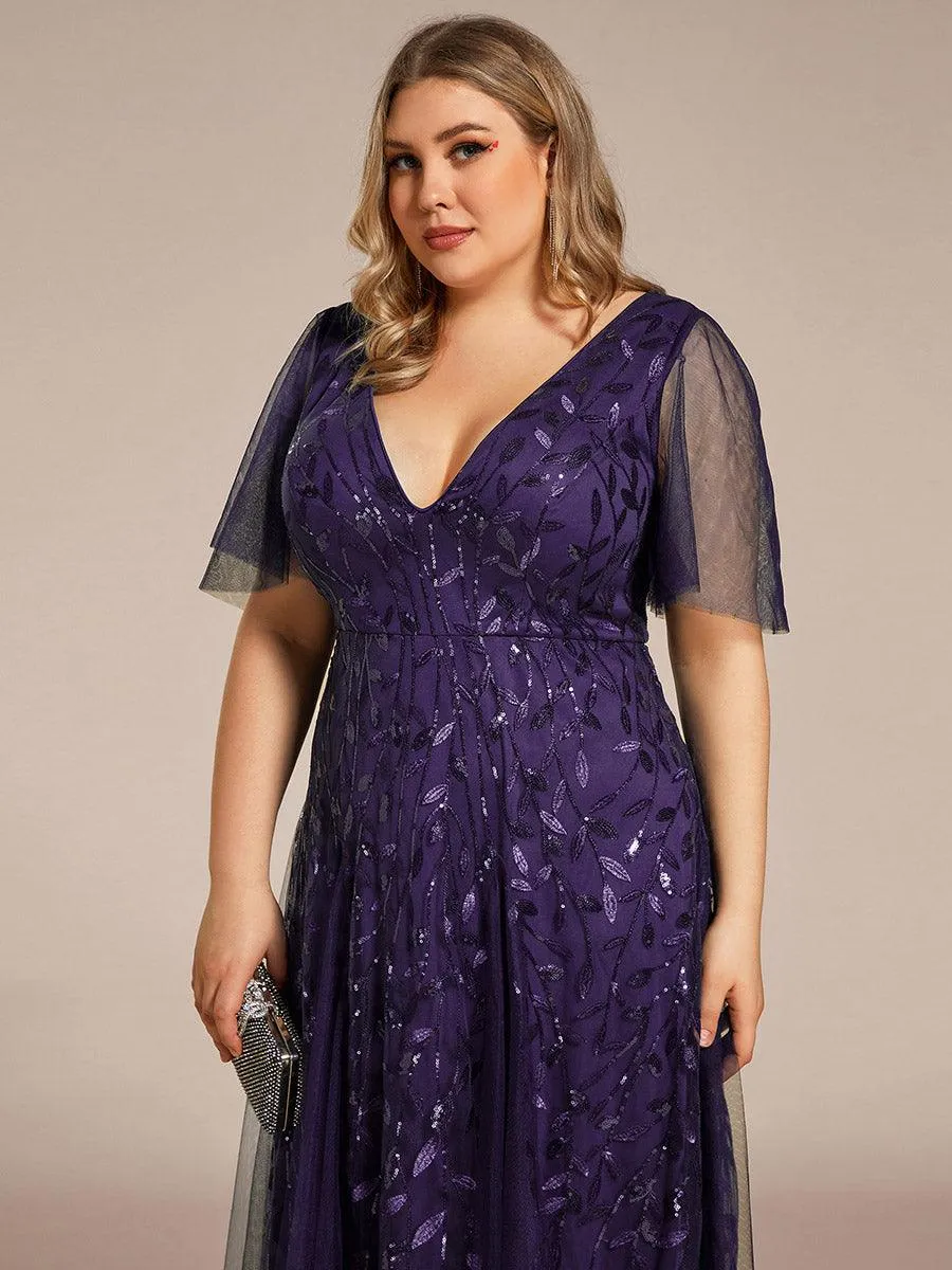 Robe de Soirée Longue Romantique et Scintillante à Col V et Pailletes