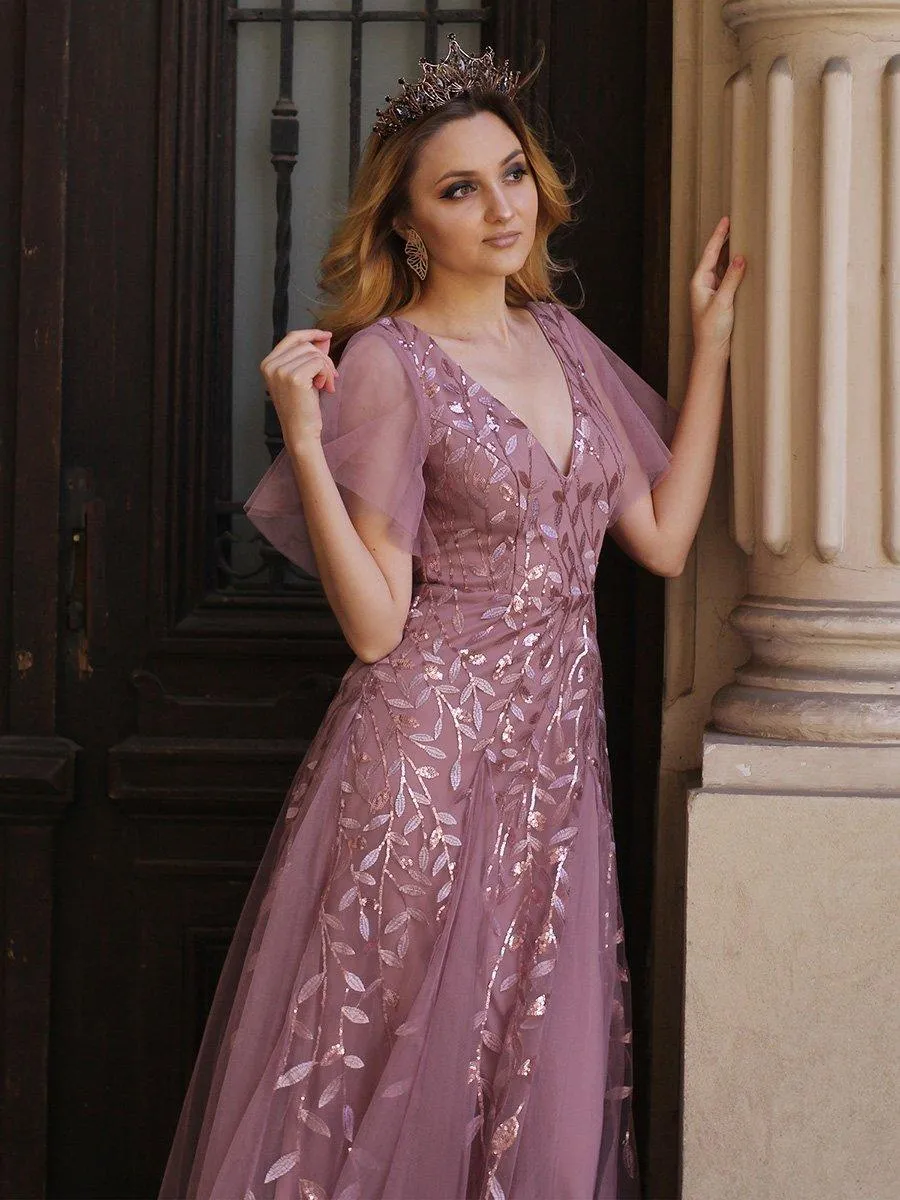 Robe de Soirée Longue Romantique et Scintillante à Col V et Pailletes