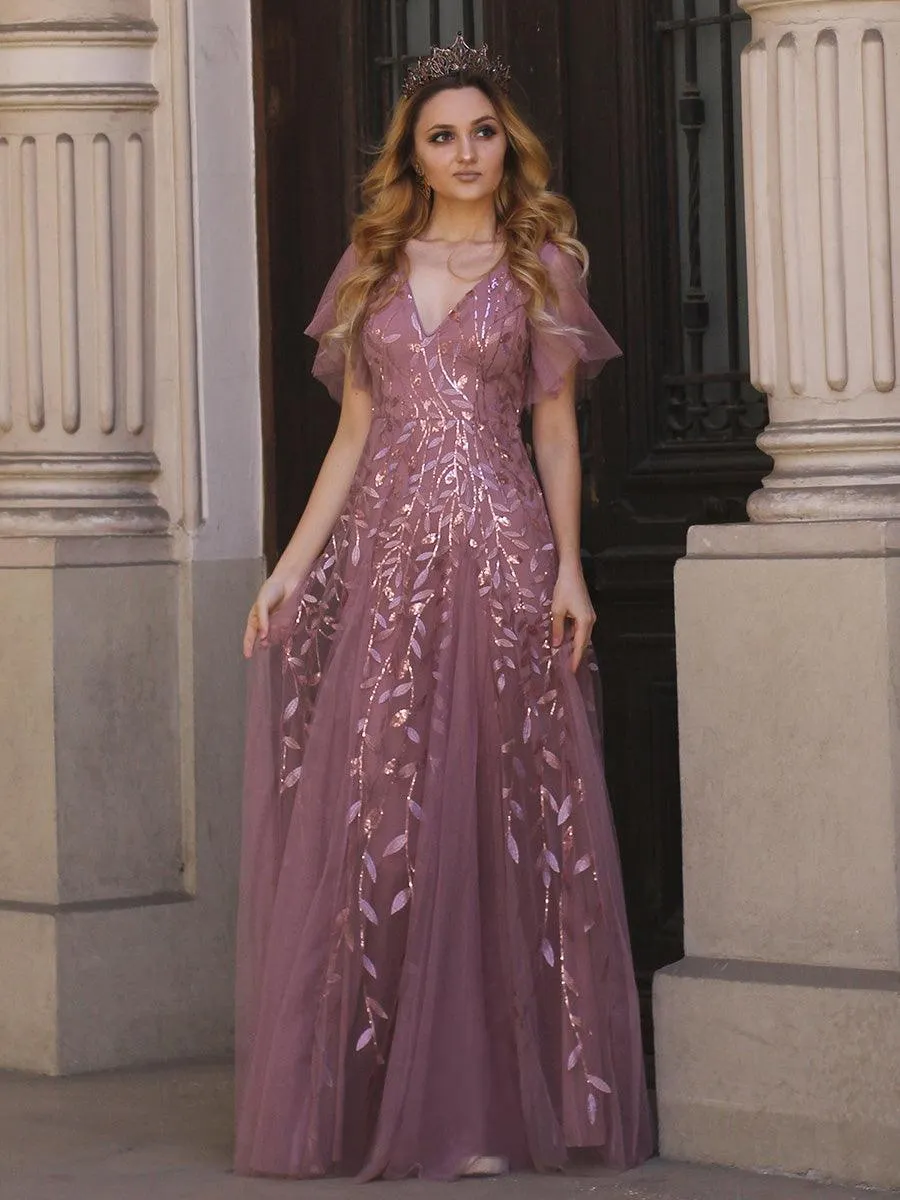 Robe de Soirée Longue Romantique et Scintillante à Col V et Pailletes