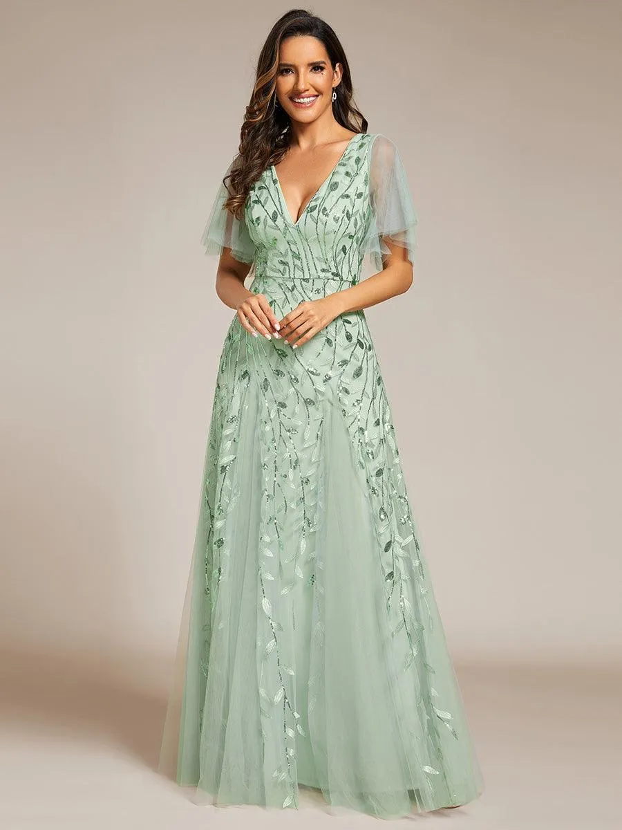 Robe de Soirée Longue Romantique et Scintillante à Col V et Pailletes