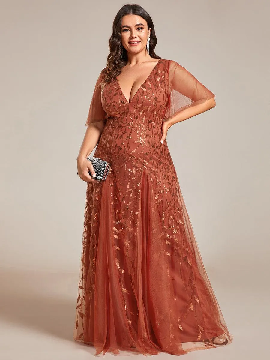 Robe de Soirée Longue Romantique et Scintillante à Col V et Pailletes