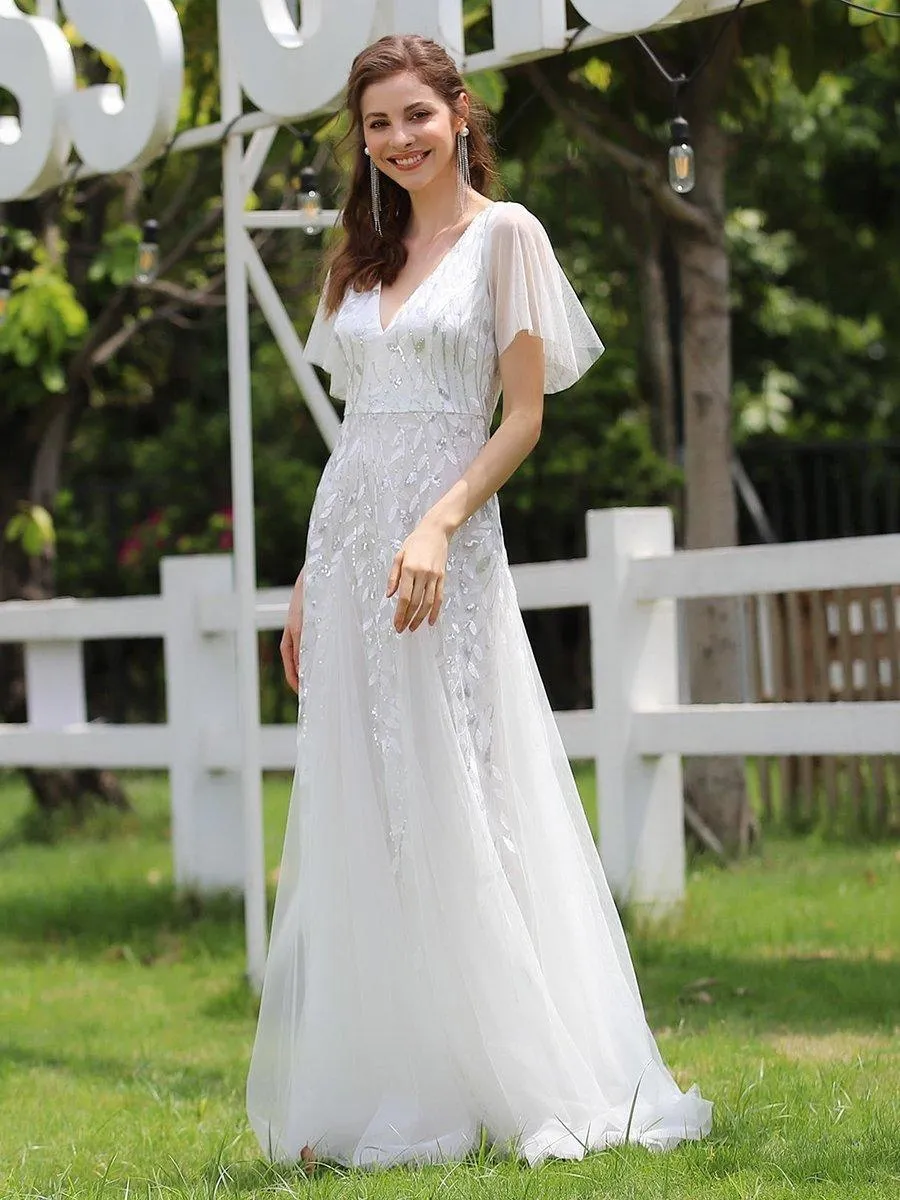 Robe de Soirée Longue Romantique et Scintillante à Col V et Pailletes