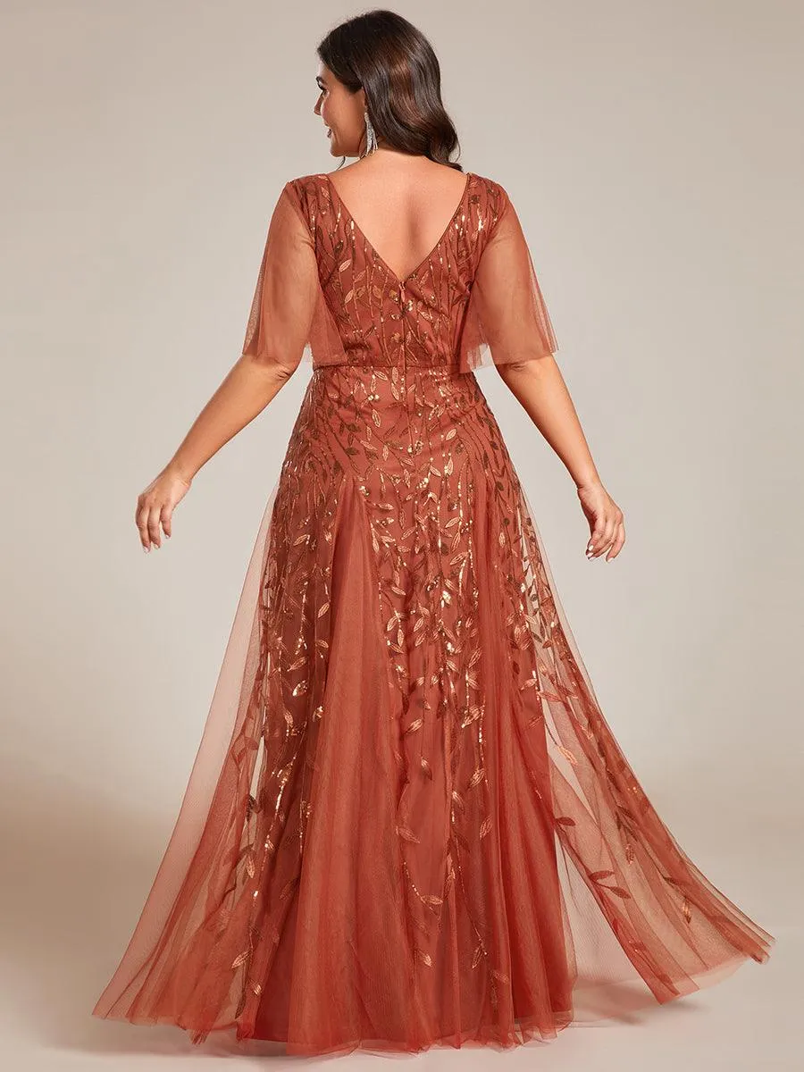 Robe de Soirée Longue Romantique et Scintillante à Col V et Pailletes