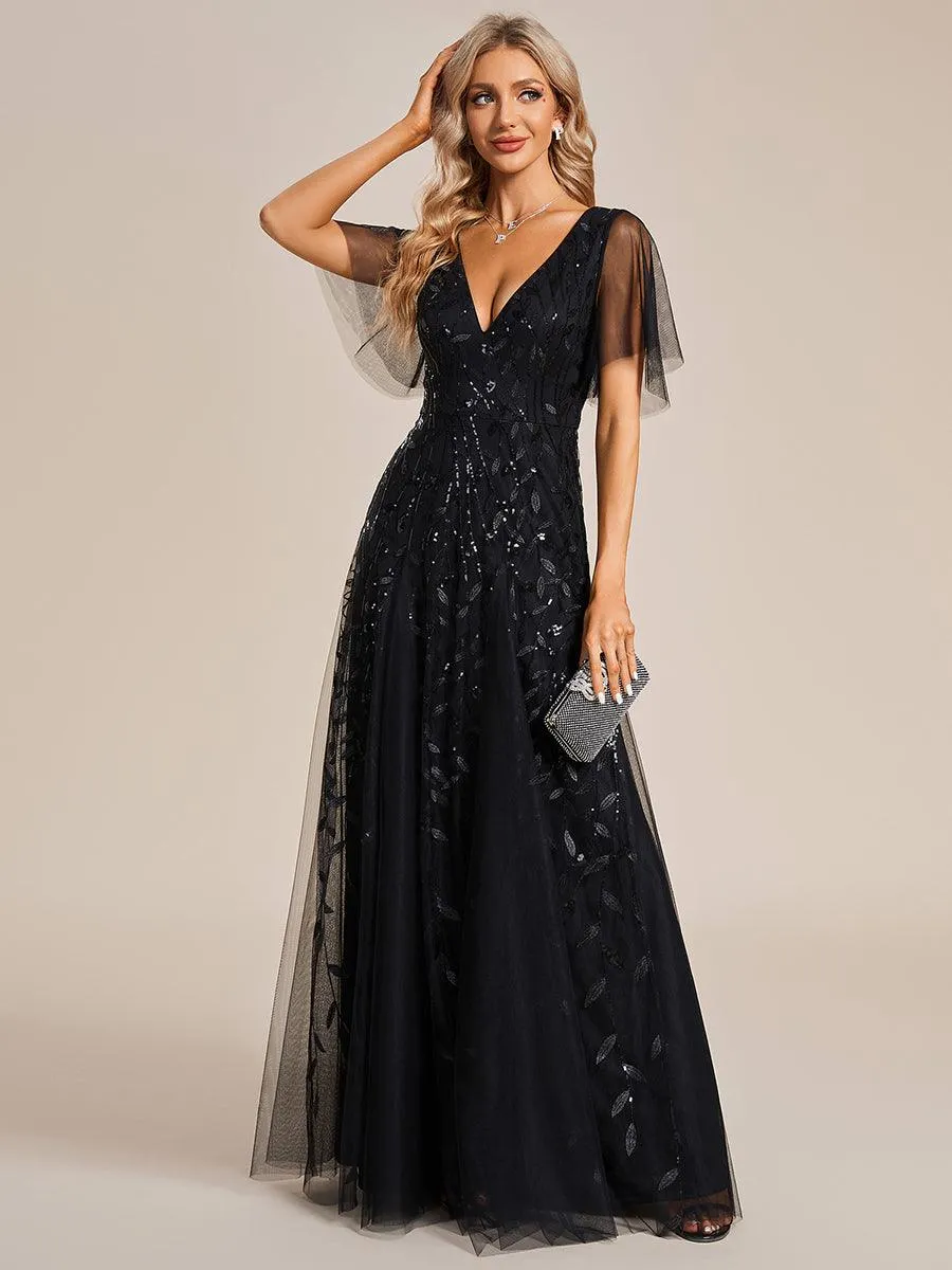 Robe de Soirée Longue Romantique et Scintillante à Col V et Pailletes
