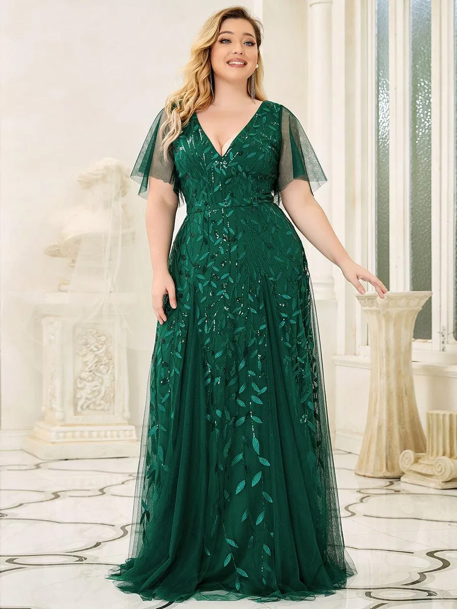 Robe de Soirée Longue Romantique et Scintillante à Col V et Pailletes