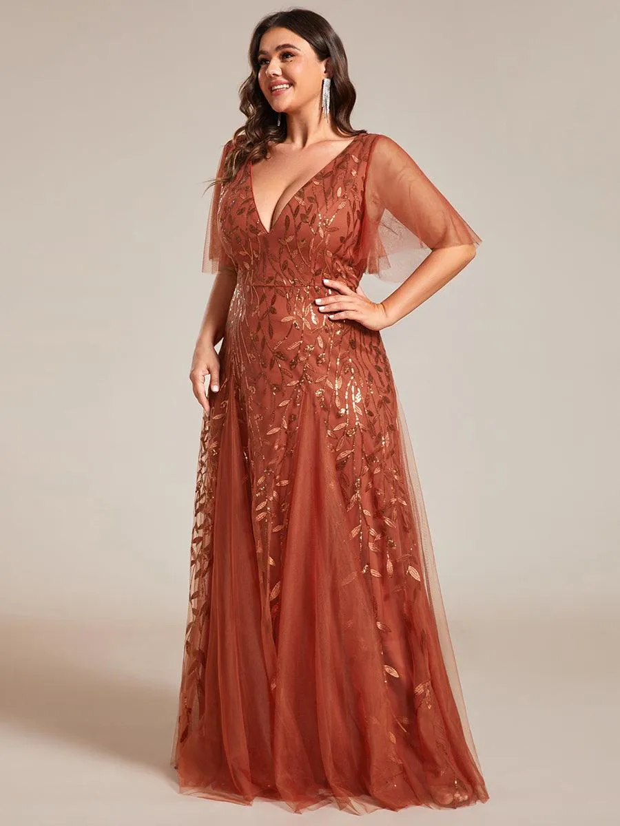 Robe de Soirée Longue Romantique et Scintillante à Col V et Pailletes