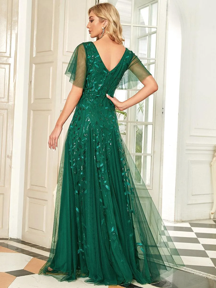 Robe de Soirée Longue Romantique et Scintillante à Col V et Pailletes