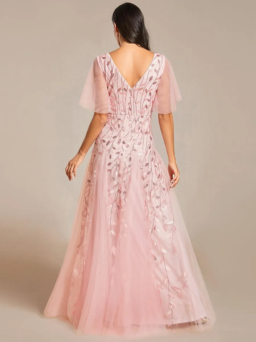 Robe de Soirée Longue Romantique et Scintillante à Col V et Pailletes