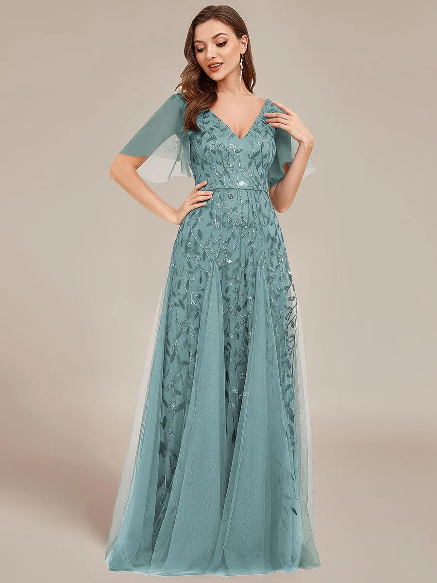 Robe de Soirée Longue Romantique et Scintillante à Col V et Pailletes