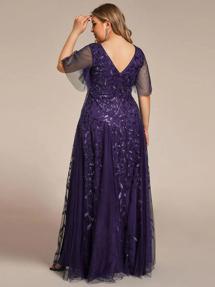 Robe de Soirée Longue Romantique et Scintillante à Col V et Pailletes