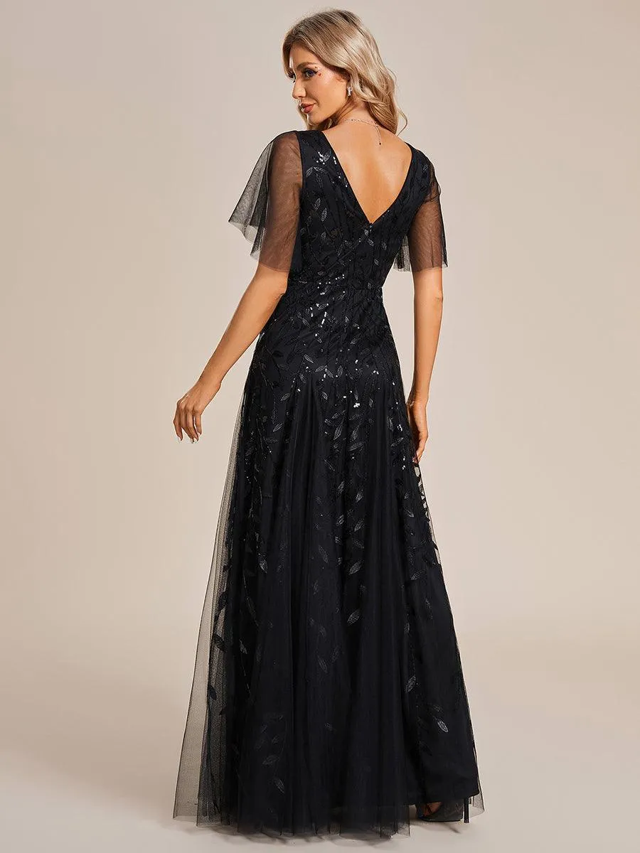 Robe de Soirée Longue Romantique et Scintillante à Col V et Pailletes