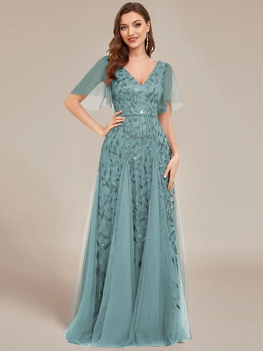 Robe de Soirée Longue Romantique et Scintillante à Col V et Pailletes