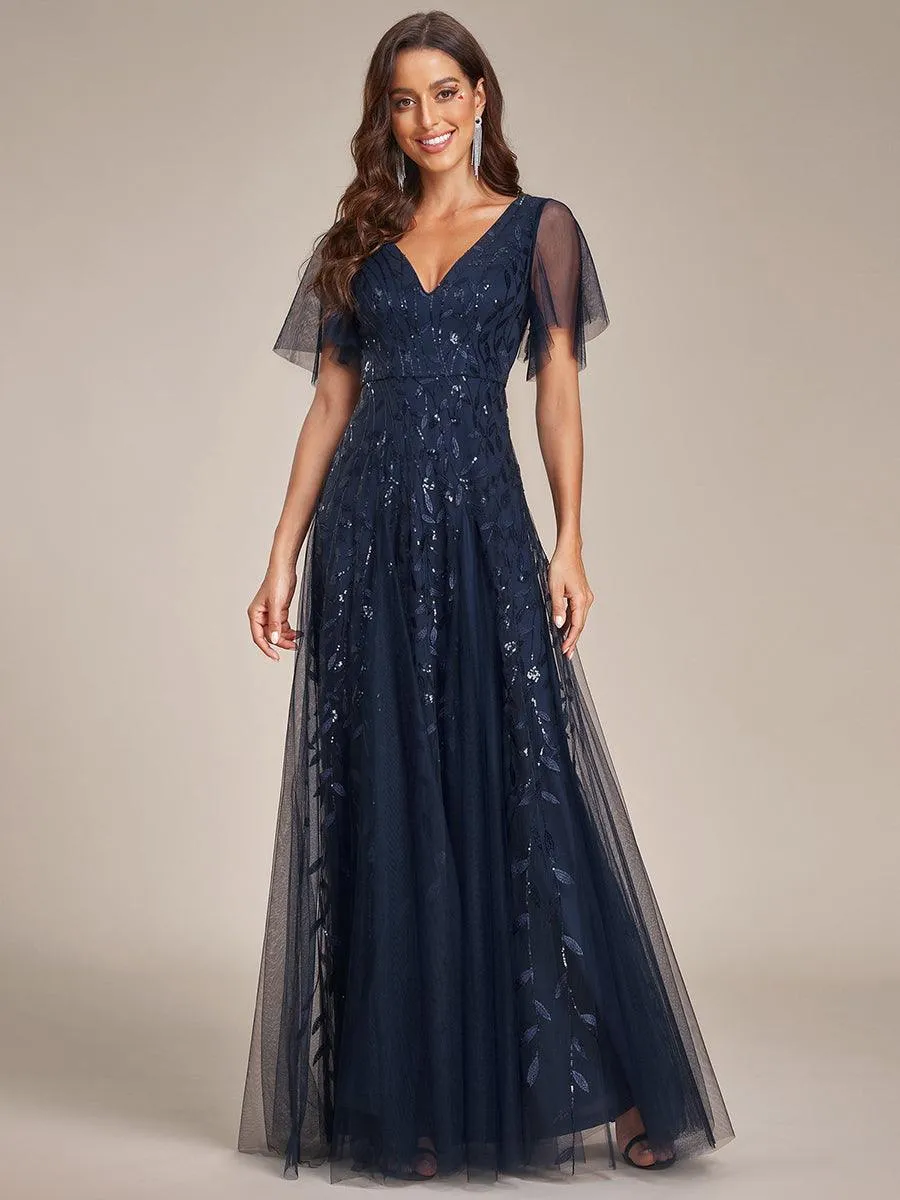 Robe de Soirée Longue Romantique et Scintillante à Col V et Pailletes