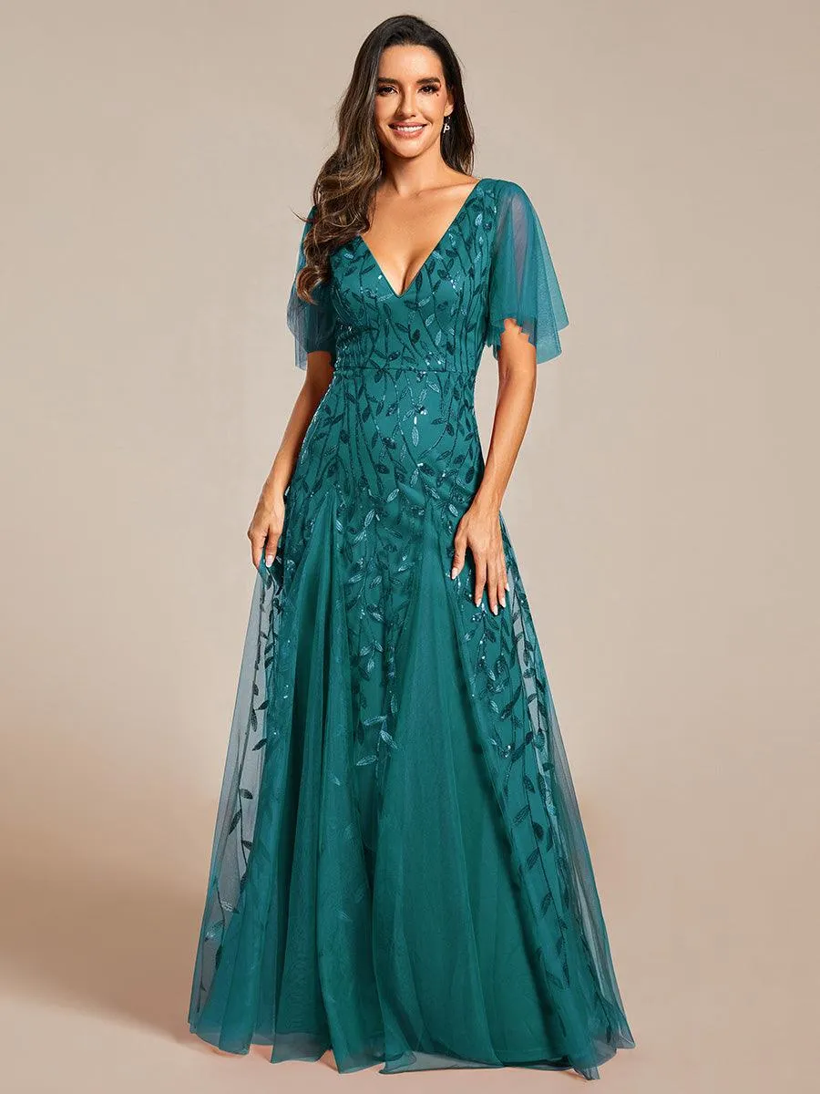 Robe de Soirée Longue Romantique et Scintillante à Col V et Pailletes