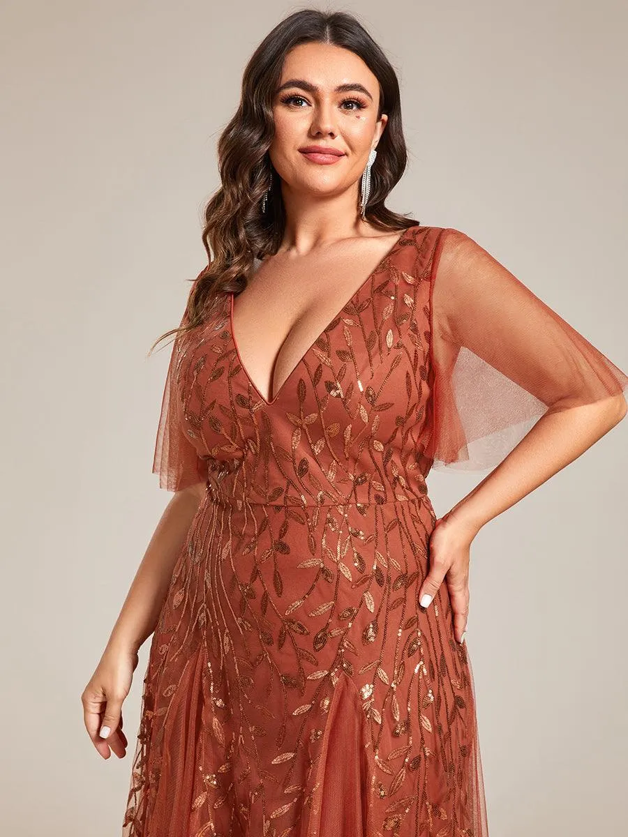 Robe de Soirée Longue Romantique et Scintillante à Col V et Pailletes