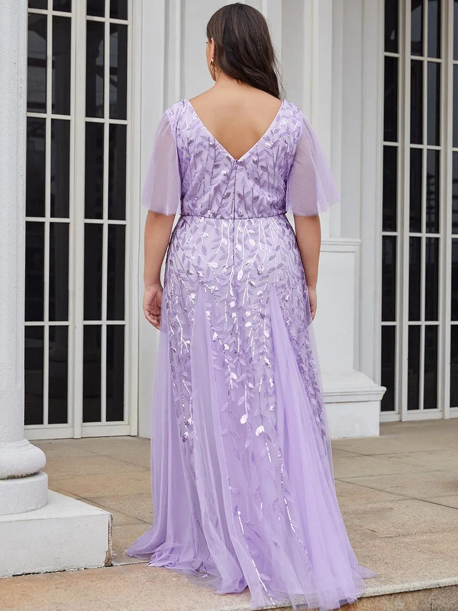 Robe de Soirée Longue Romantique et Scintillante à Col V et Pailletes