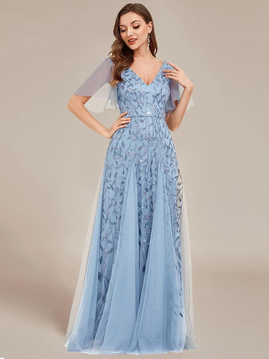 Robe de Soirée Longue Romantique et Scintillante à Col V et Pailletes