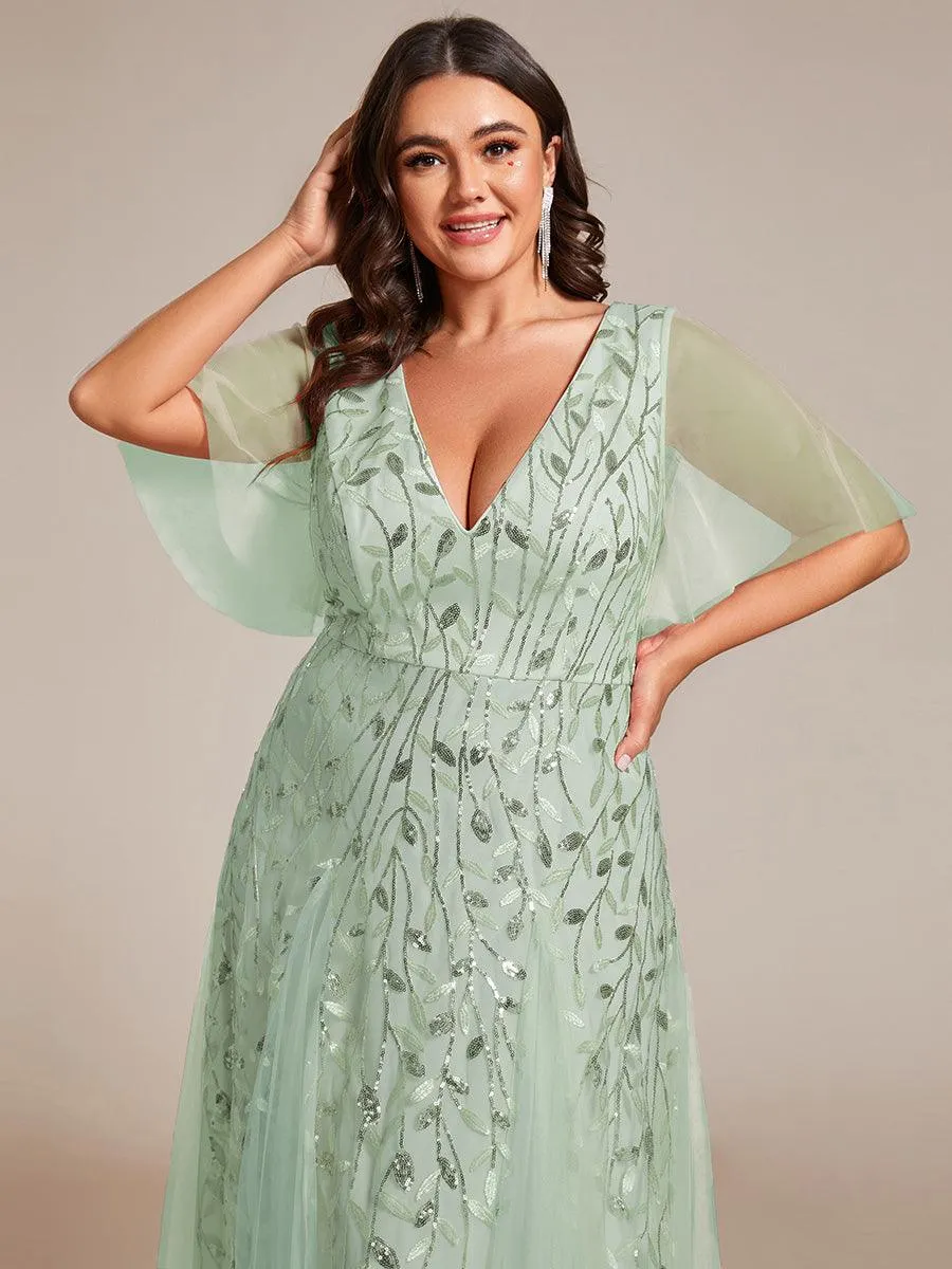 Robe de Soirée Longue Romantique et Scintillante à Col V et Pailletes