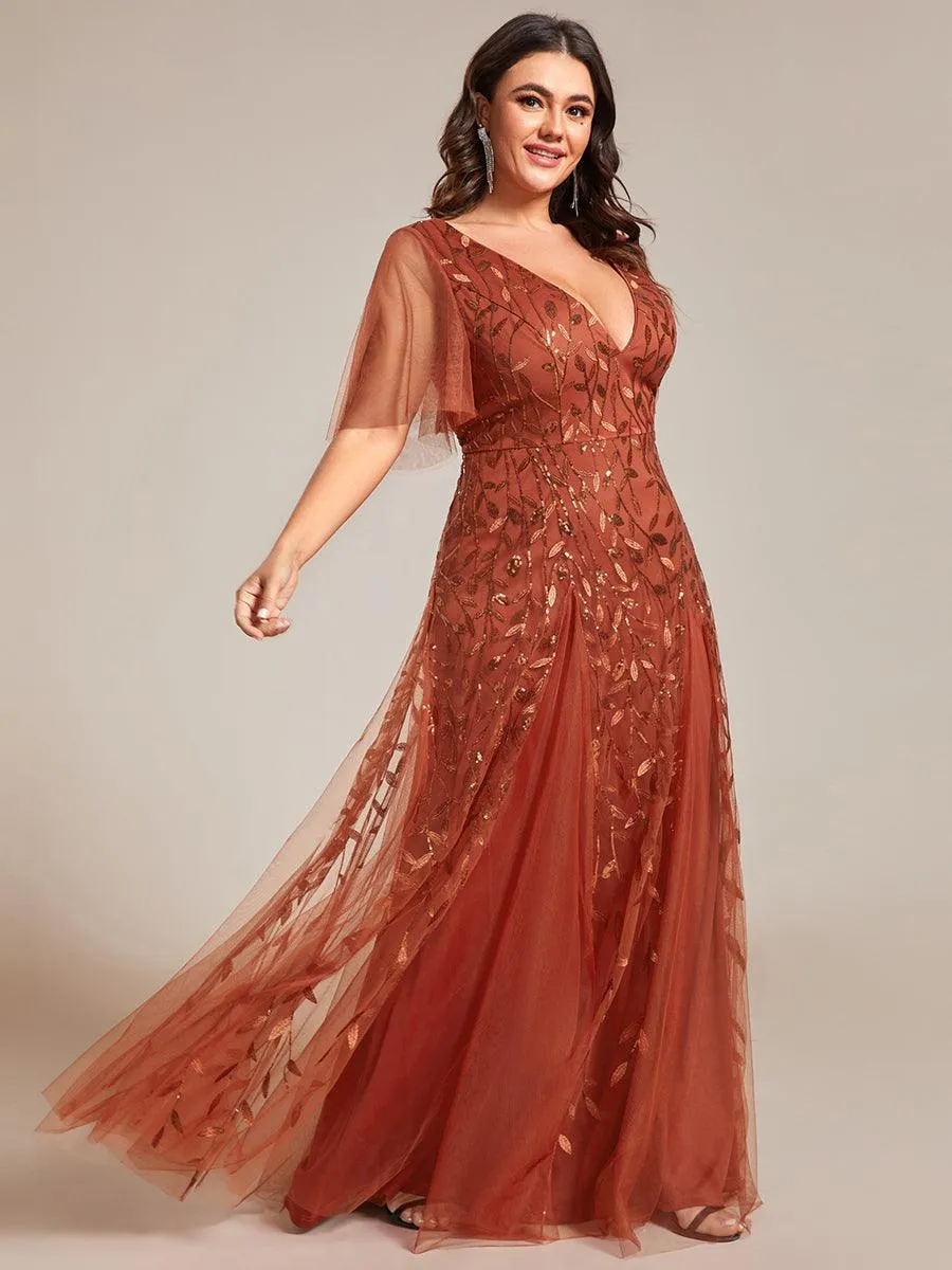 Robe de Soirée Longue Romantique et Scintillante à Col V et Pailletes