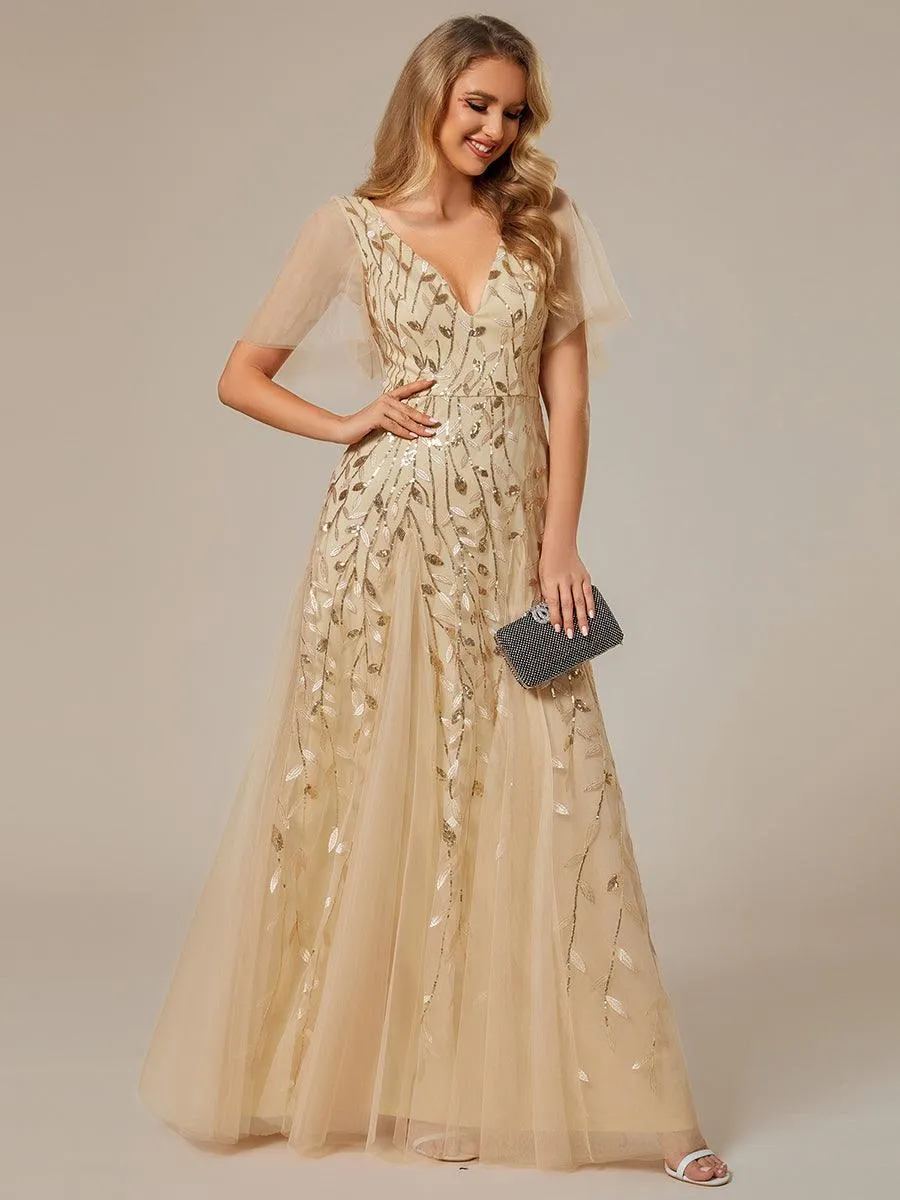 Robe de Soirée Longue Romantique et Scintillante à Col V et Pailletes