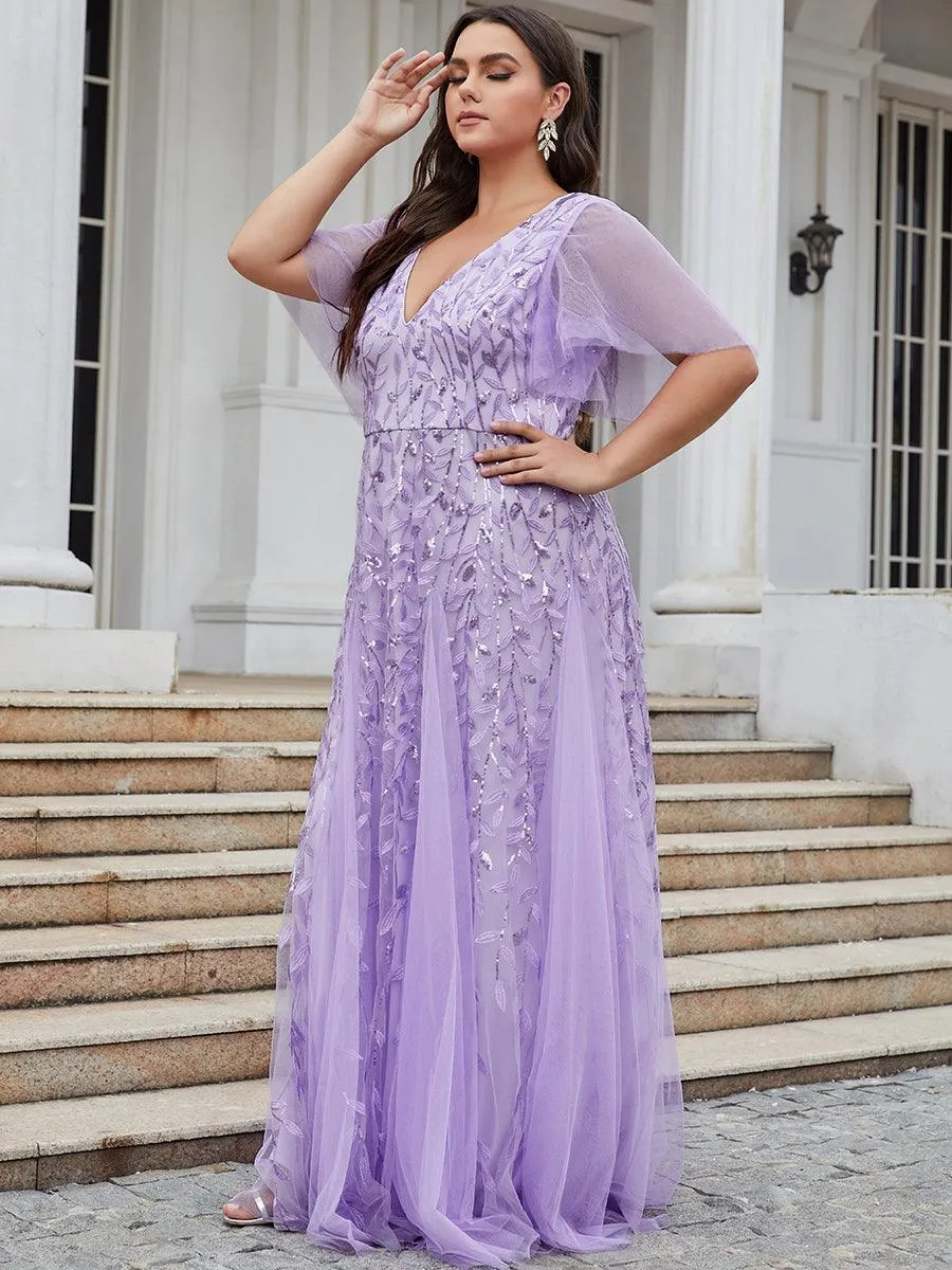 Robe de Soirée Longue Romantique et Scintillante à Col V et Pailletes