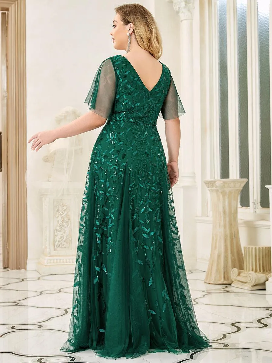 Robe de Soirée Longue Romantique et Scintillante à Col V et Pailletes