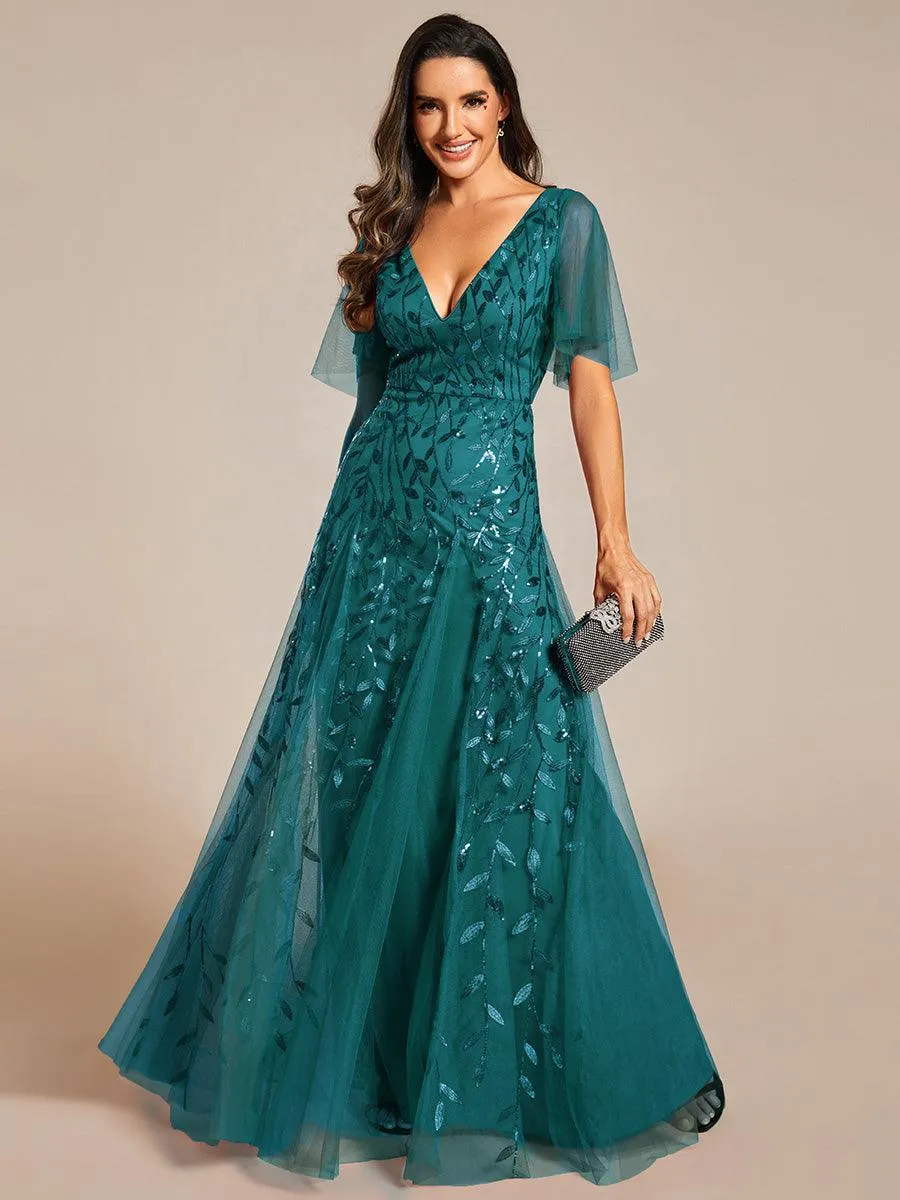 Robe de Soirée Longue Romantique et Scintillante à Col V et Pailletes