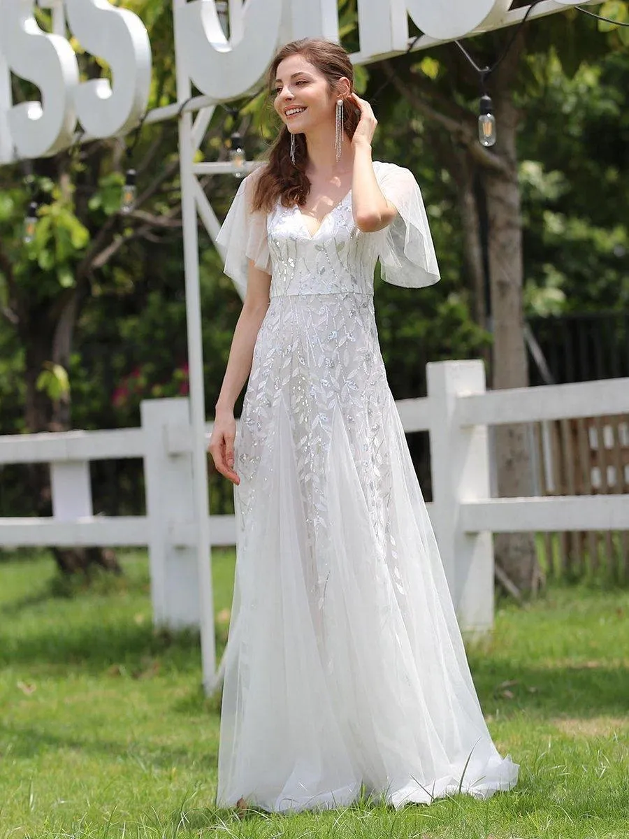 Robe de Soirée Longue Romantique et Scintillante à Col V et Pailletes
