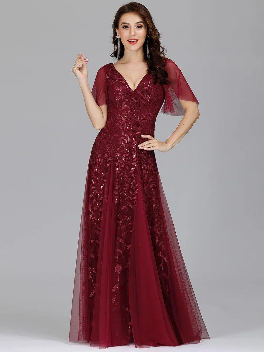 Robe de Soirée Longue Romantique et Scintillante à Col V et Pailletes