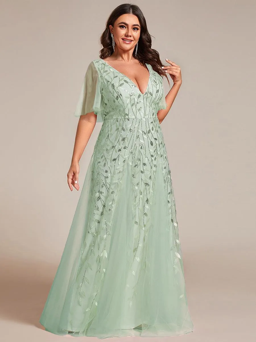Robe de Soirée Longue Romantique et Scintillante à Col V et Pailletes