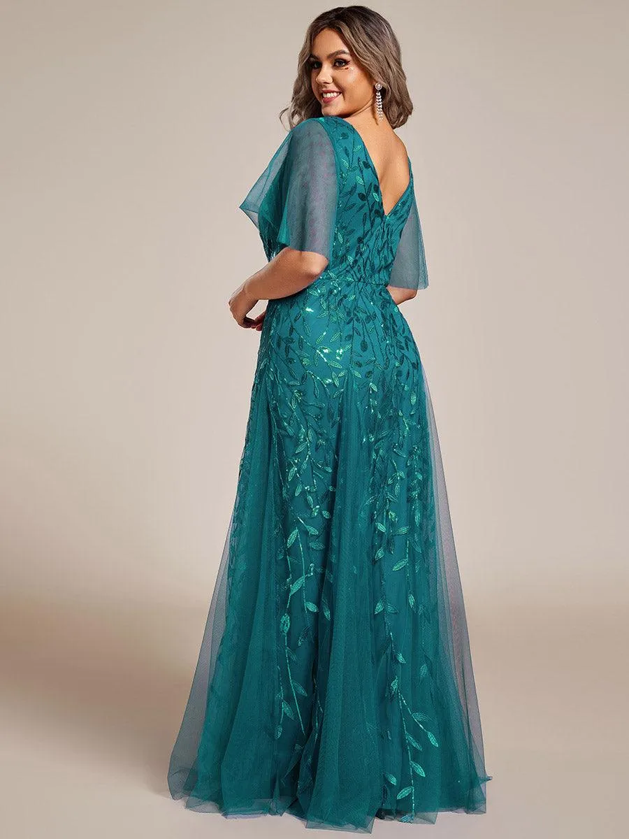 Robe de Soirée Longue Romantique et Scintillante à Col V et Pailletes
