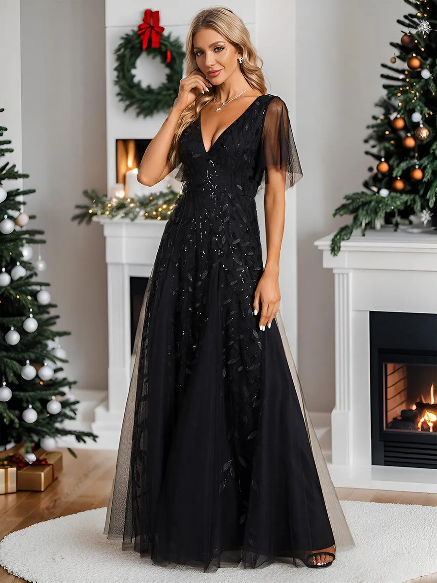 Robe de Soirée Longue Romantique et Scintillante à Col V et Pailletes