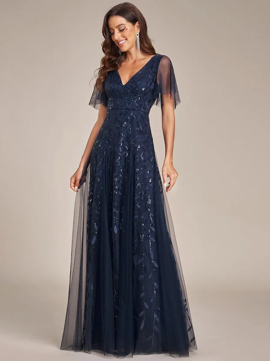 Robe de Soirée Longue Romantique et Scintillante à Col V et Pailletes