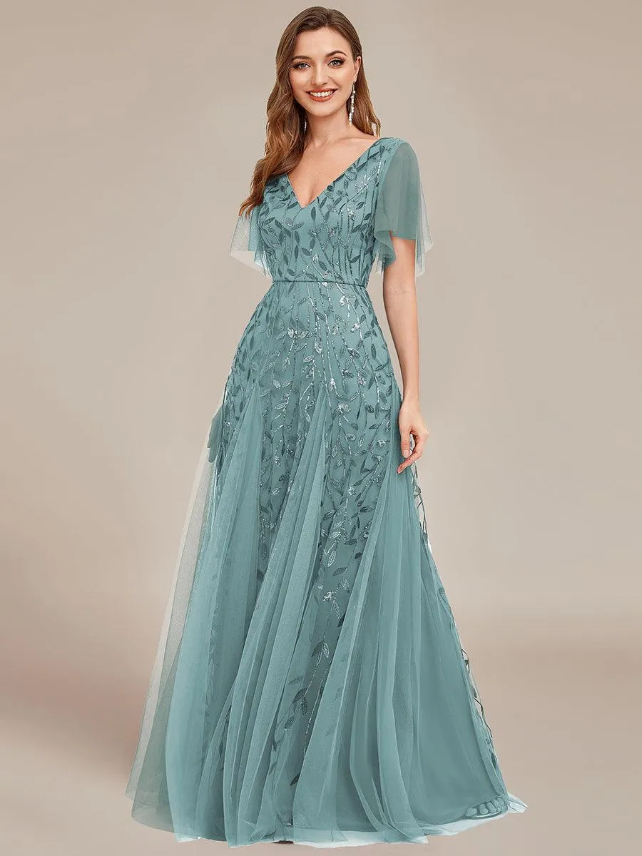 Robe de Soirée Longue Romantique et Scintillante à Col V et Pailletes