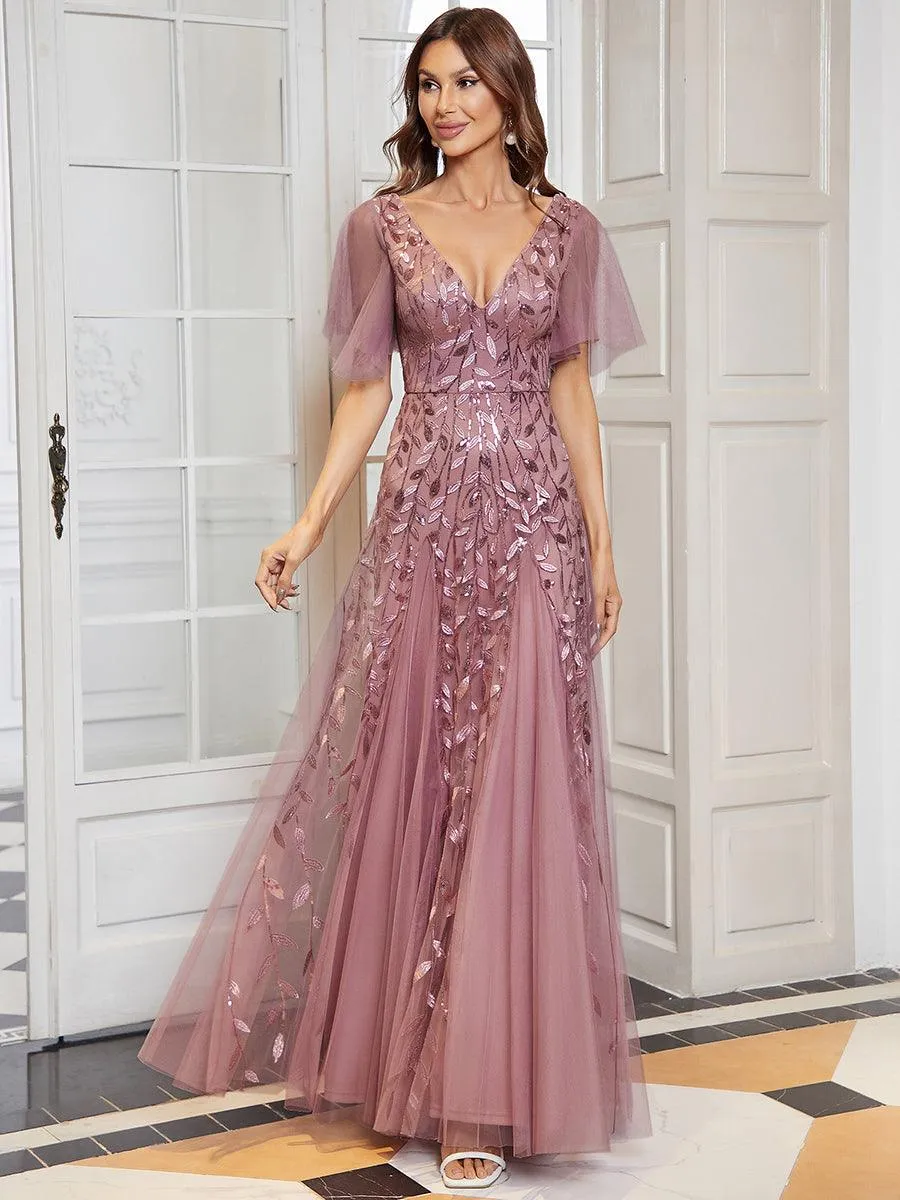 Robe de Soirée Longue Romantique et Scintillante à Col V et Pailletes