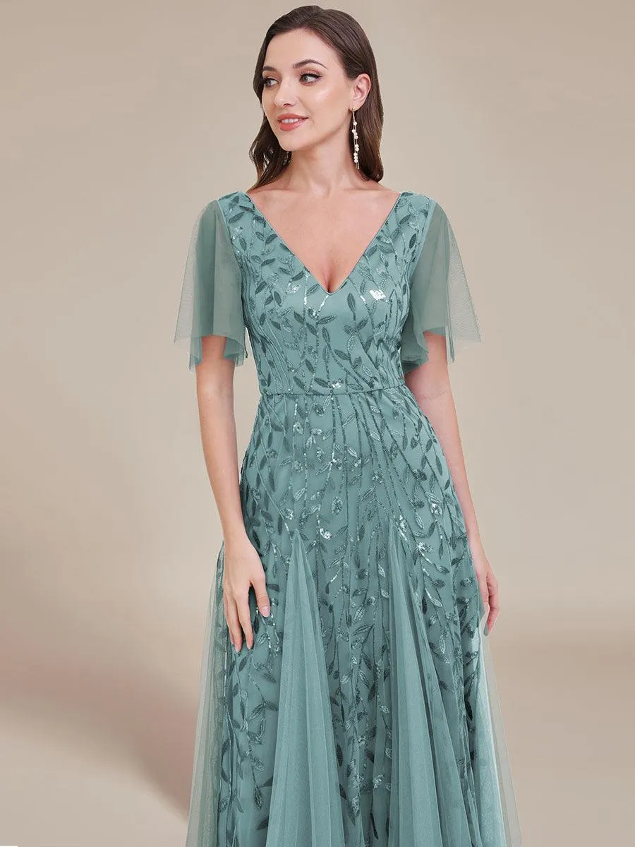 Robe de Soirée Longue Romantique et Scintillante à Col V et Pailletes