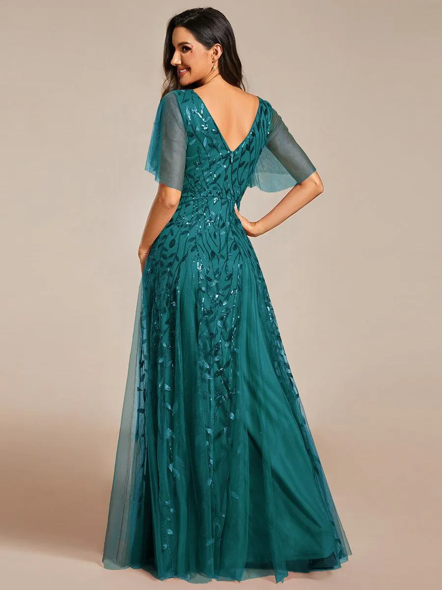 Robe de Soirée Longue Romantique et Scintillante à Col V et Pailletes