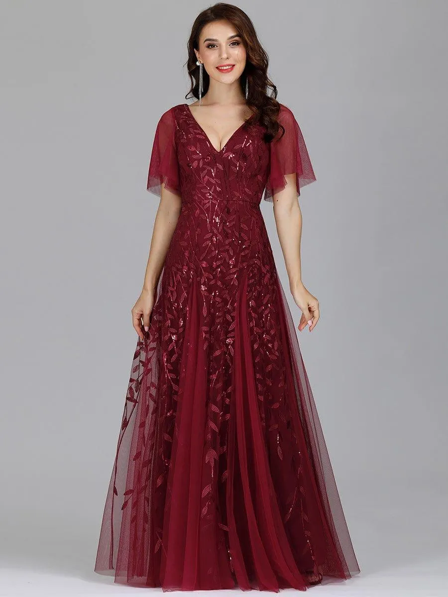 Robe de Soirée Longue Romantique et Scintillante à Col V et Pailletes