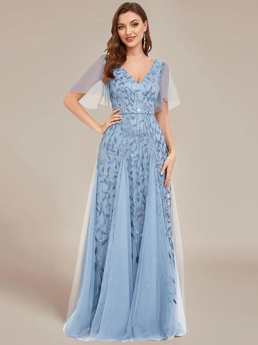 Robe de Soirée Longue Romantique et Scintillante à Col V et Pailletes