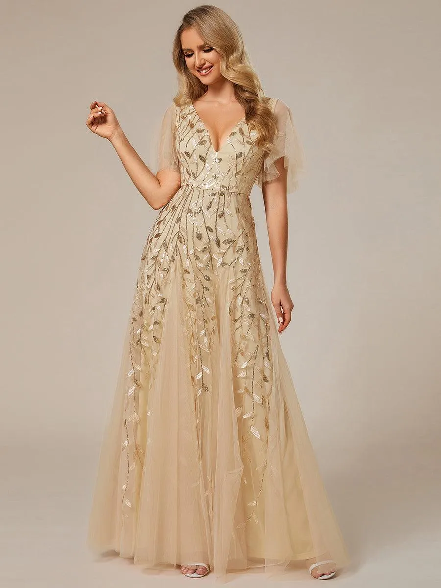 Robe de Soirée Longue Romantique et Scintillante à Col V et Pailletes