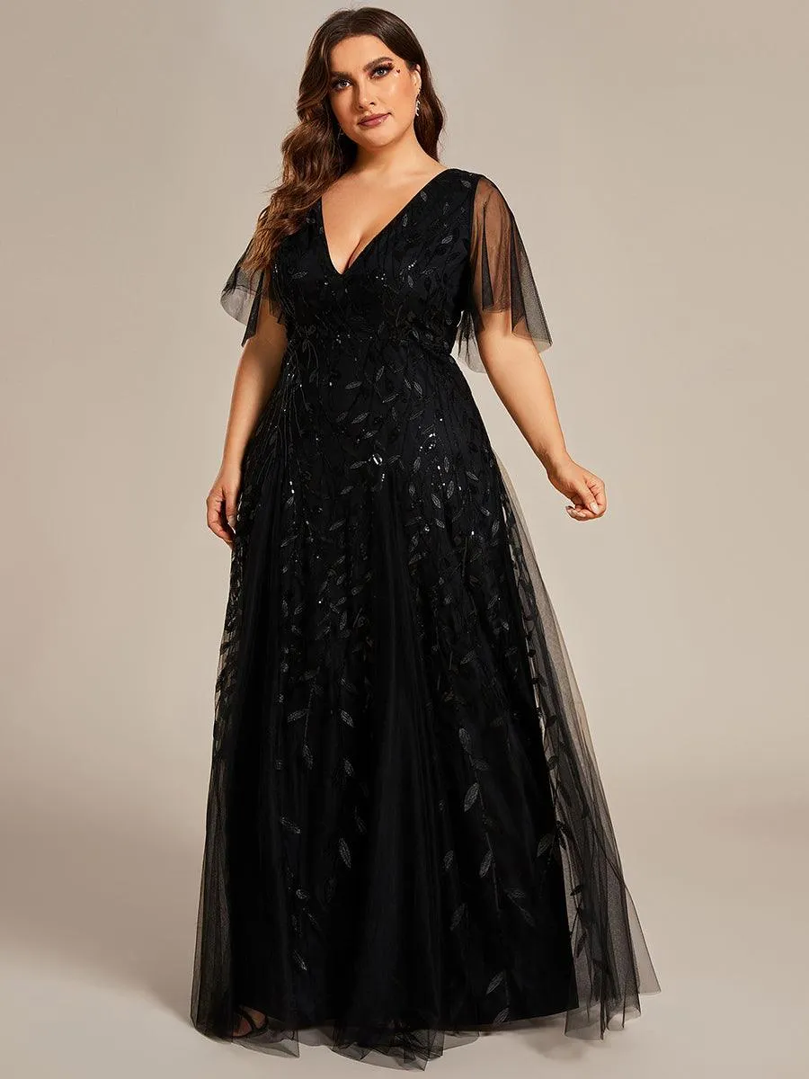 Robe de Soirée Longue Romantique et Scintillante à Col V et Pailletes