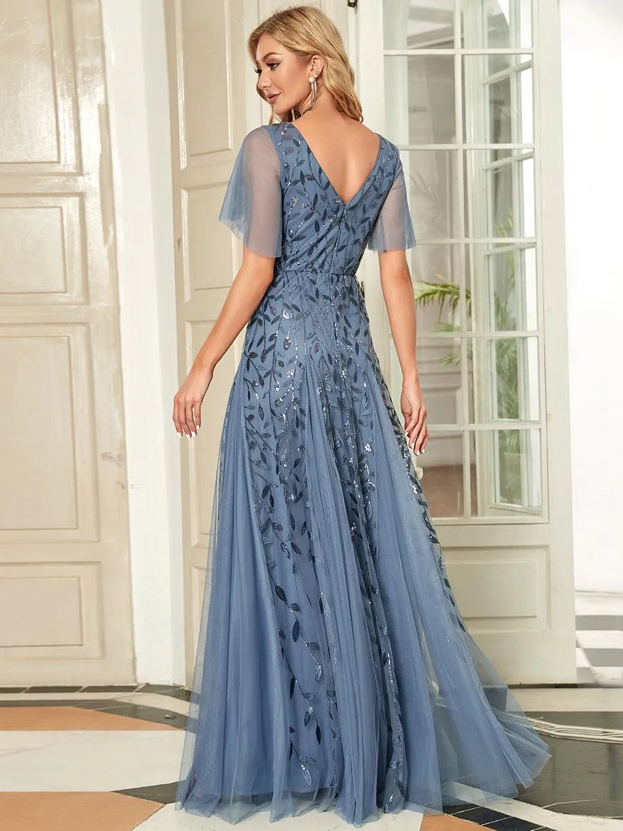 Robe de Soirée Longue Romantique et Scintillante à Col V et Pailletes