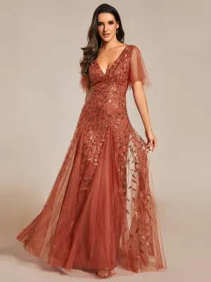 Robe de Soirée Longue Romantique et Scintillante à Col V et Pailletes