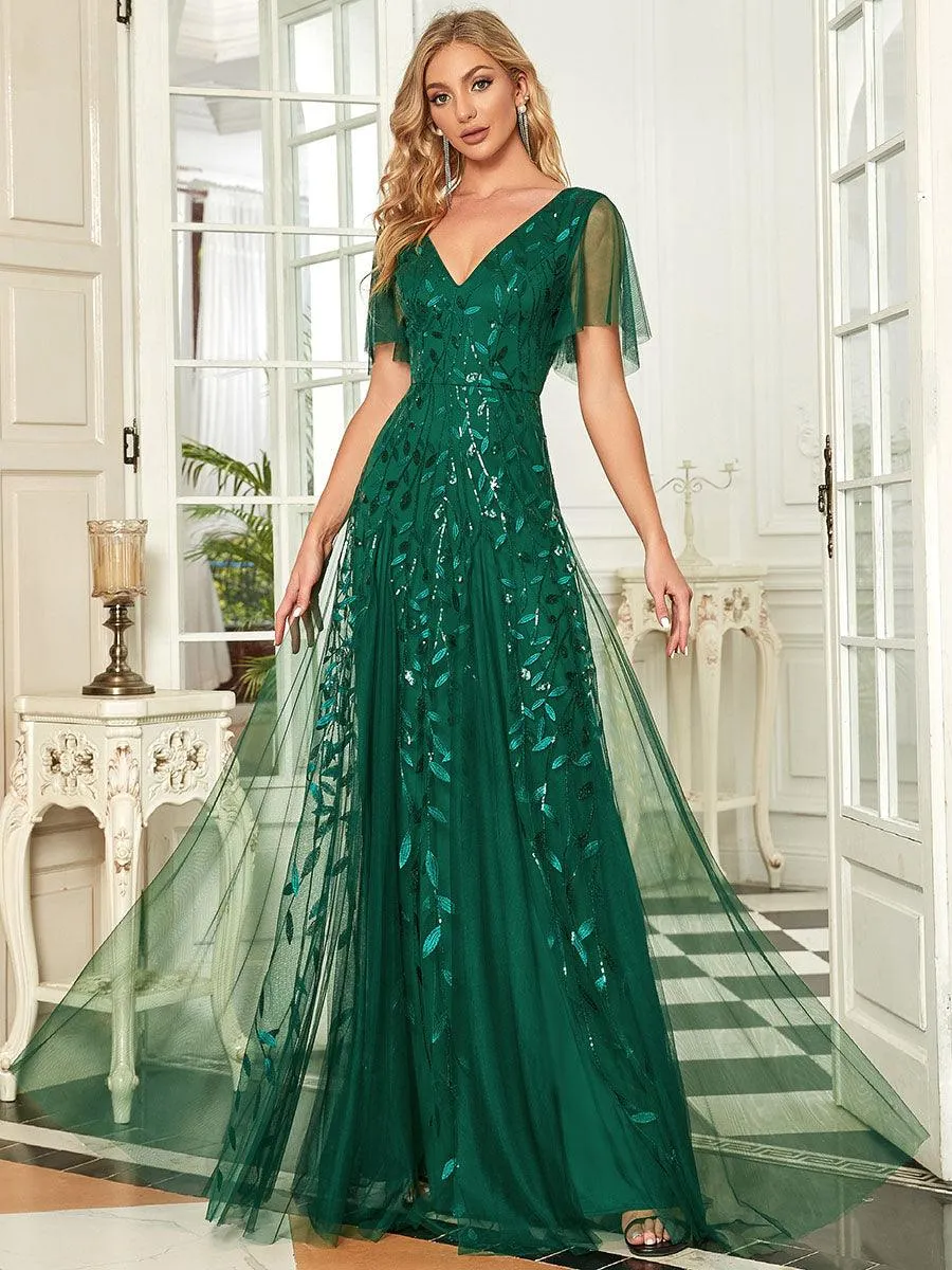 Robe de Soirée Longue Romantique et Scintillante à Col V et Pailletes