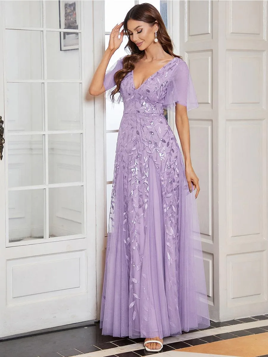 Robe de Soirée Longue Romantique et Scintillante à Col V et Pailletes