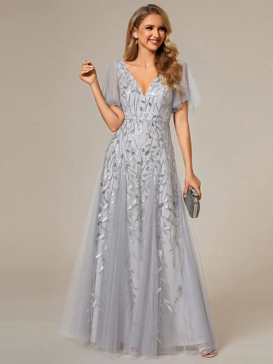 Robe de Soirée Longue Romantique et Scintillante à Col V et Pailletes