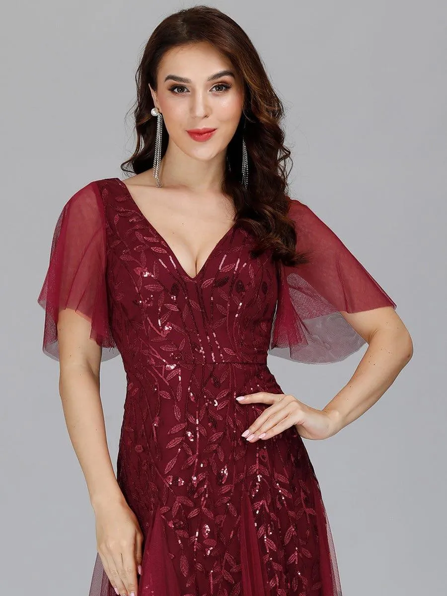 Robe de Soirée Longue Romantique et Scintillante à Col V et Pailletes