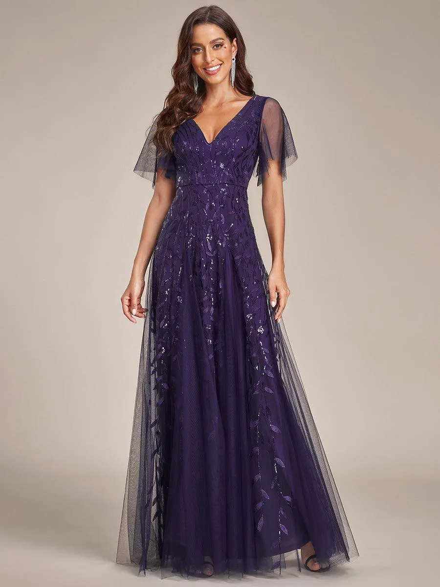 Robe de Soirée Longue Romantique et Scintillante à Col V et Pailletes