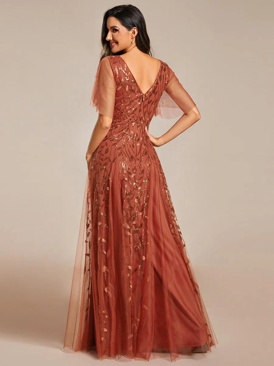 Robe de Soirée Longue Romantique et Scintillante à Col V et Pailletes