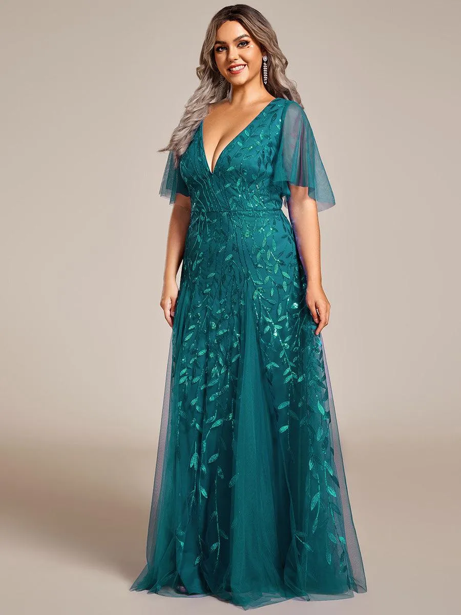 Robe de Soirée Longue Romantique et Scintillante à Col V et Pailletes